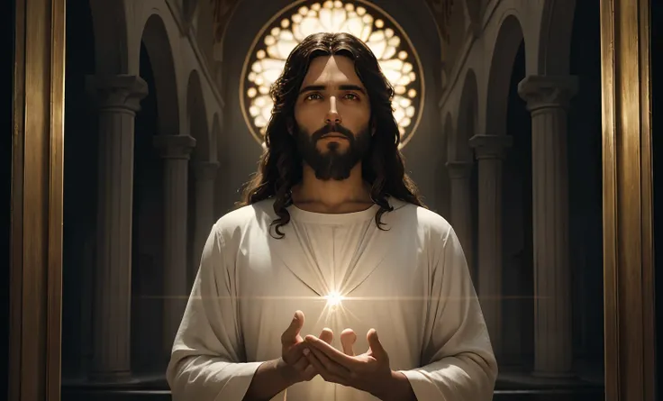 En esta escena, Jesus is pictured in heaven, irradiando divinidad y serenidad. The atmosphere is ethereal, con suaves rayos de luz que iluminan el entorno. The composition is carefully framed, capturing Jesus in the center, surrounded by a heavenly backdro...