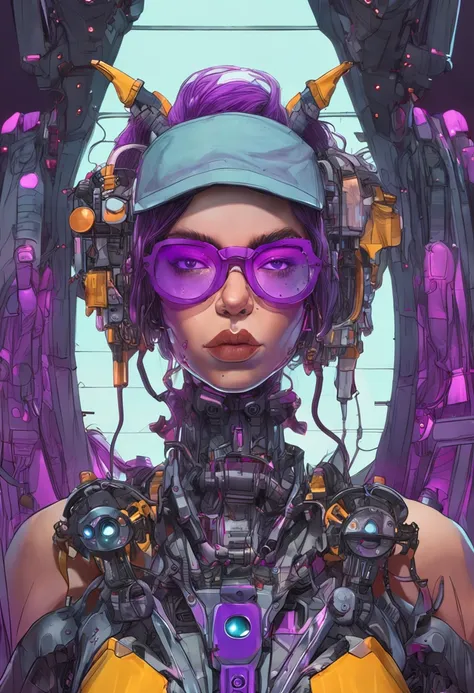 Mechanical elf with mechanic glasses on top of head with purple eyes and black hair