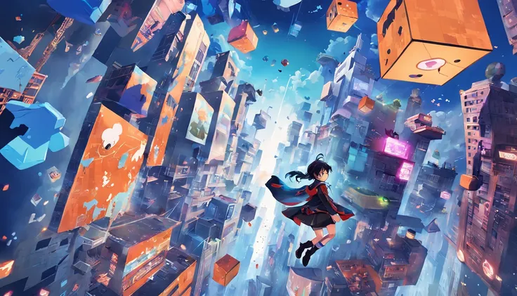 A Facebook page cover with a gamer style that brims with creativity, depicting a surreal virtual world where classic and modern game characters coexist, bouncing between floating buildings and clouds made of pixels, cores vibrantes e contrastantes criando ...