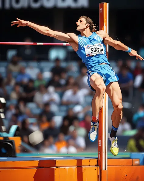 arafed male athlete in blue jumps over a pole in a stadium, ultra - high jump, high-speed sports, athletic tall handsome guys, , award winning sports photography, athlete photography