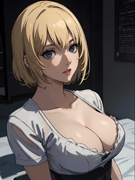 Best quality, masterpiece, ultra high res, 1girl, sexy, in the dark, deep shadow, low key, cold light, milf, blonde, straight hair, dynamic light, cinematic lighting, short hair, cinematic lighting, down blouse