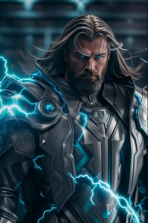 An intricate silver and carbon Thor cyber suit, holding his hammer, extremely detailed suit, surrounded by turquoise lightning, micro-details, photorealism, one light, dark photo, deep shadows, shallow depth of field, photorealistic, Surrealism, high quali...