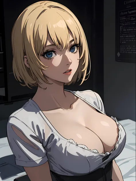 Best quality, masterpiece, ultra high res, 1girl, sexy, in the dark, deep shadow, low key, cold light, milf, blonde, straight hair, dynamic light, cinematic lighting, short hair, cinematic lighting, down blouse