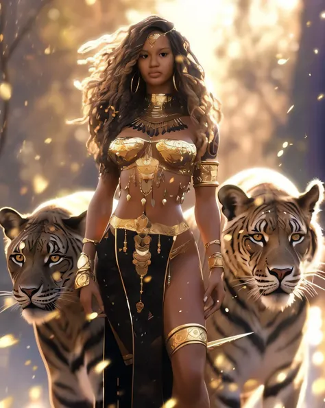 uma mulher com uma roupa dourada ao lado de dois tigres, epic 3 d oshun, gorgeous goddess of leo, pele escura deusa feminina do amor, Princesa africana deslumbrante, Princesa negra africana, Rainha africana, Deusa Rainha, beyonce as wonder woman, Mitologia...