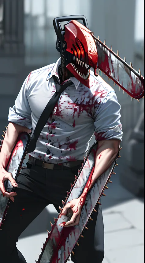 masterpiece, best quality, highres, monster boy, djb, sharp teeth, chainsaw, blood on clothes, blood on weapon, collared shirt, black pants, tongue out,