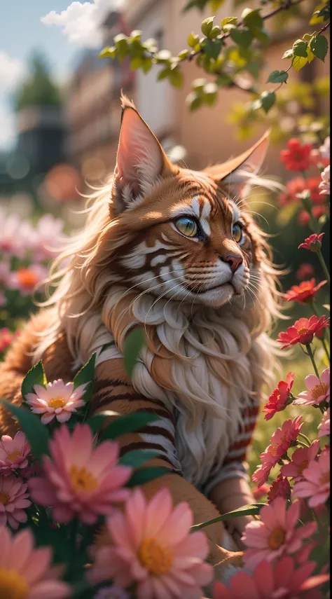 Red maincoon, Sitting in the grass among the flowers, Very high-quality photo, professionally staged light, on a street with clear weather, blue cumulus clouds in the sky, very beautiful, an awesome landscape against the background, A still from a movie wi...