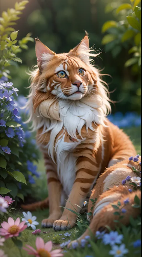 Red maincoon, Sitting in the grass among the flowers, Very high-quality photo, professionally staged light, on a street with clear weather, blue cumulus clouds in the sky, very beautiful, an awesome landscape against the background, A still from a movie wi...