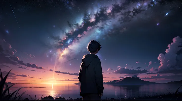 A lonely boy looking up at the sky at night time where the great milky way galaxy is visible in purplish blue color stretching over the horizon. A faraway shot. Cinematic. Wide angle. 4k.