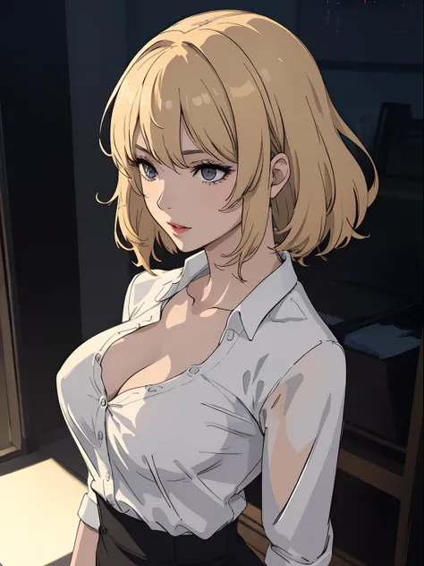 Best quality, masterpiece, ultra high res, 1girl, sexy, in the dark, deep shadow, low key, cold light, milf, blonde, straight hair, dynamic light, cinematic lighting, short hair, cinematic lighting, down blouse, mature woman