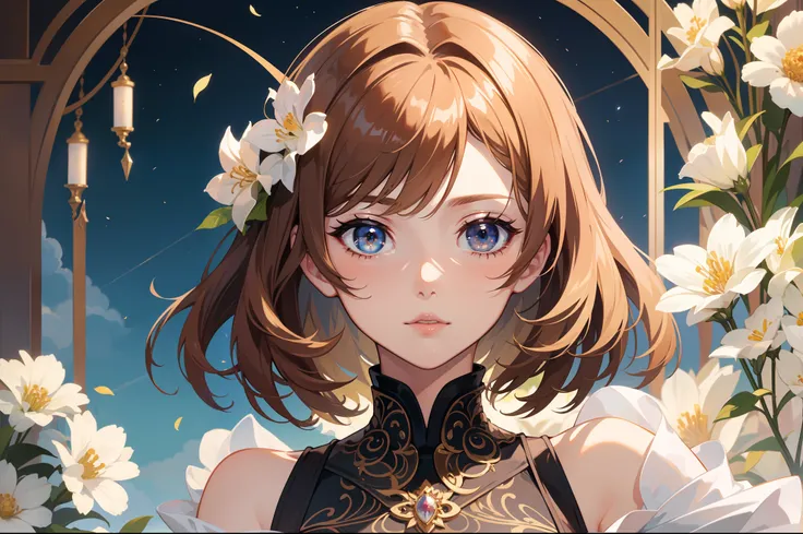 Official Art, Masterpiece European female face, short hair, lightbrown hair , brown eyes , flower garden , (​masterpiece、top-quality、hight resolution: 1.4),in 8K, Drawing of a woman with short lightbrown hair, Anime Art Nouveau, highly detailed exquisite f...