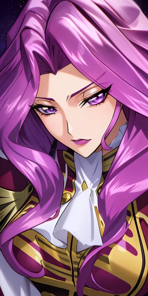 cornelia_li_britannia, huge breasts, solo, standing, cornelia_military_uniform,, masterpiece, best quality, detailed face, detailed eyes, highres, code Geass Corneille purple eyes purple hair purple lip (masterpiece), best quality, expressive eyes, Beautif...