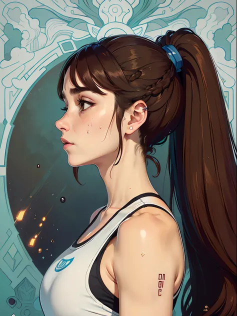 Sportsbra,Sweating,poneyTail,brown haired,creates a dramatic,profile,Doya face,profile,by mucha