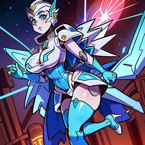 a blue robot woman with fairy wings, huge boobs, gray face, standing next to a futuristic luxury car, amazing design, poster design, puffy lips, creative, cartoon - style image of a sexy woman dressed as a fairy, extremely detailed artgerm, mechanized valk...