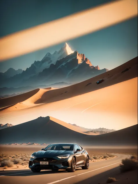 A fast car in the desert landscape, mountains, nighttime, neon, wes anderson style, NFT, precisionism, minimal