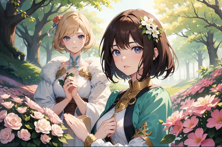 Official Art, Masterpiece European female face, short hair, lightbrown hair , brown eyes , flower garden , (​masterpiece、top-quality、hight resolution: 1.4),in 8K, Drawing of a woman with short lightbrown hair, Anime Art Nouveau, highly detailed exquisite f...