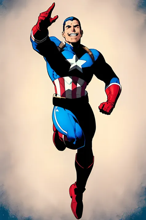 (obra-prima, melhor qualidade: 1.2), solo, foco masculino, captain america,corpo todo, sorriso, olhando para o espectador, sobrevoando, captain americasuit, bodysuit azul, full body