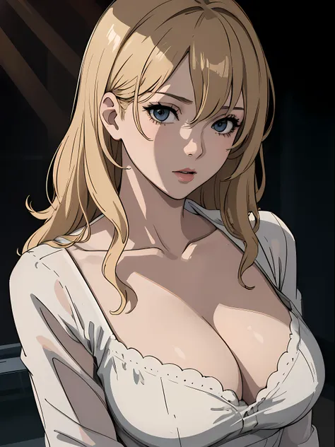 Best quality, masterpiece, ultra high res, 1girl, sexy, in the dark, deep shadow, low key, cold light, milf, blonde, dynamic light, cinematic lighting, cinematic lighting, down blouse, mature woman