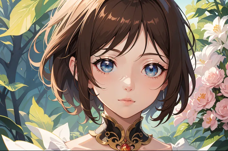 Official Art, Masterpiece European female face, short hair, lightbrown hair , brown eyes , flower garden , (​masterpiece、top-quality、hight resolution: 1.4),in 8K, Drawing of a woman with short lightbrown hair, Anime Art Nouveau, highly detailed exquisite f...