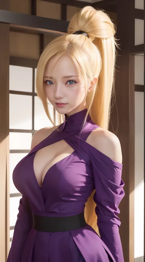 1girl, yamanaka ino in anime naruto, long hair, sexy dress, yellow hair, blue eyes, smile, beautiful, purple clothes, very big b...