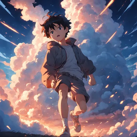 masterpiece, best quality, movie still, 1boy, cloud male, floating in the sky, close-up, bright, happy, warm soft lighting, sunset, (sparks:0.7)