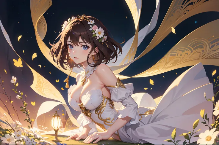 Official Art, Masterpiece European female face, short hair, lightbrown hair , brown eyes , flower garden , (​masterpiece、top-quality、hight resolution: 1.4),in 8K, Drawing of a woman with short lightbrown hair, Anime Art Nouveau, highly detailed exquisite f...