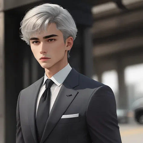 bangs, suit, gray hair