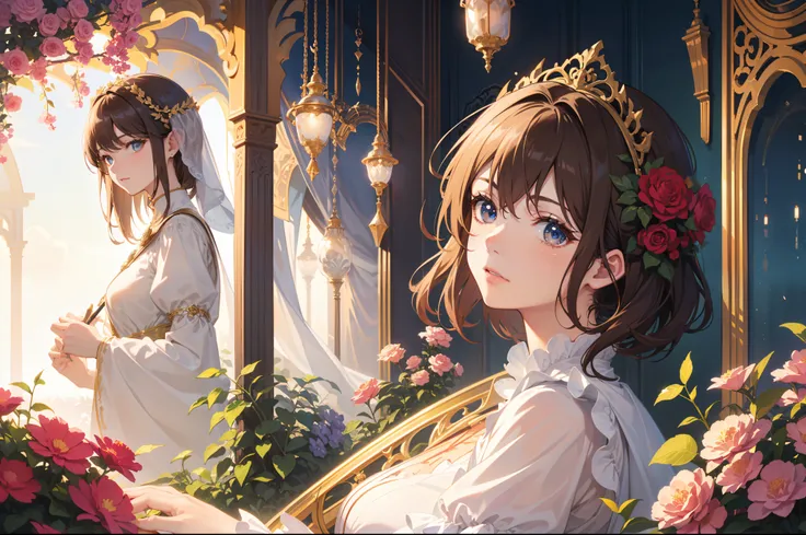 Official Art, Masterpiece European female face, short hair, lightbrown hair , brown eyes , flower garden , (​masterpiece、top-quality、hight resolution: 1.4),in 8K, Drawing of a woman with short lightbrown hair, Anime Art Nouveau, highly detailed exquisite f...