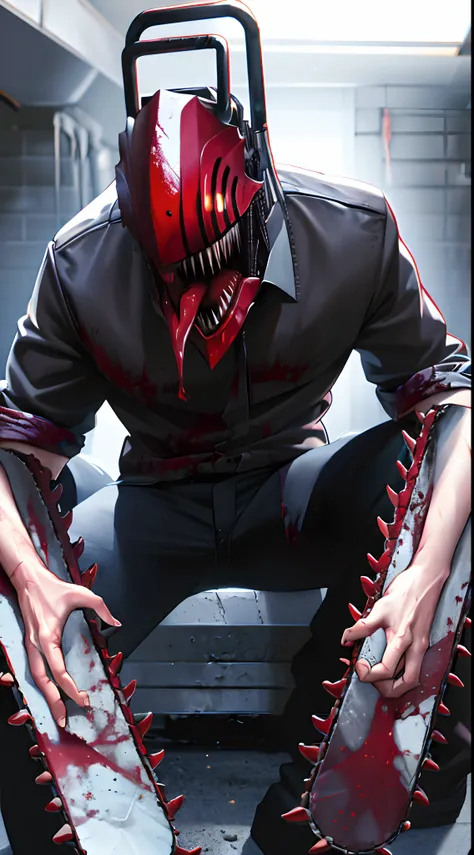 masterpiece, best quality, highres, monster boy, djb, sharp teeth, chainsaw, blood on clothes, blood on weapon, collared shirt, black pants, tongue out,