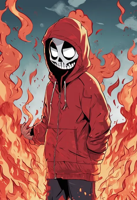 Fire sans using a red hoodie with fire in 90s anime style