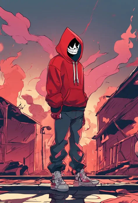 Fire sans using a red hoodie with fire in 90s anime style