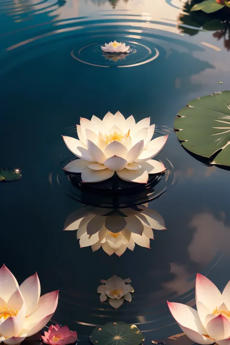 a single white lotus flower seen from the front with its image reflected within a glittering lake, no other plants in the water, dia ensolarado, sunlight reflecting off water