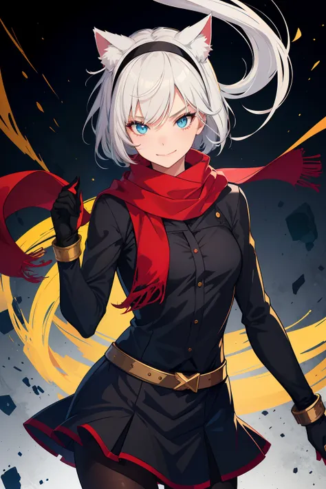 1girl, solo, silver hair, short hair, cat ears, heterochromia, yellow eye, blue eye, hairband, red scarf, long scarf, black shirt, black skirt, red pantyhose, black gloves, smirk