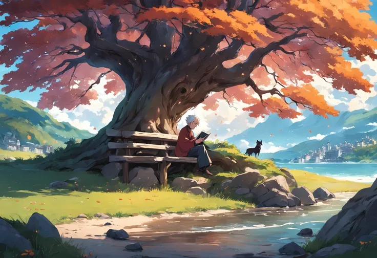 an old man under a tree reading a book, Clear landscape, 8k, cara pixart legal,