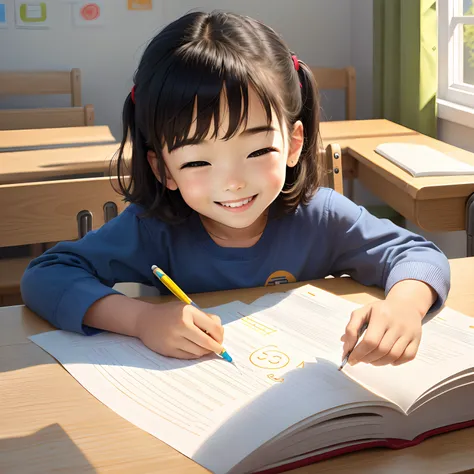 Child studying with a happy face.