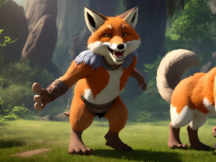 A barefoot cartoon animated anthropomorfic fox dressed like a caveman wearing one shoulder loincloth with foot focus