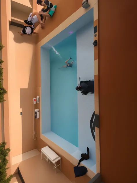 There are two people in wetsuits standing in a pool, piscina, piscina retangular, piscina, Piscinas, artistic pose, aesthetic shot, piscina em frente, Piscina grega, Jogar na piscina, em uma piscina, piscina, em uma piscina luxuosa, water pools, Foto POV, ...