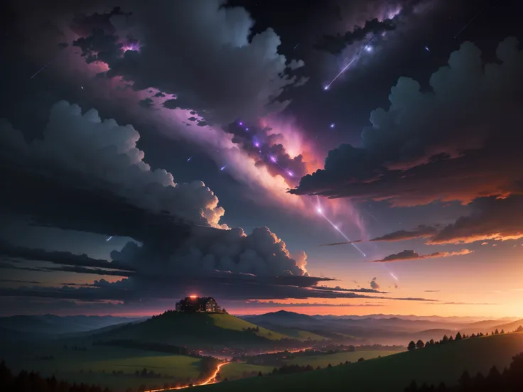 Purple sky，meteor shower，natta，hilltop，dark stormy clouds