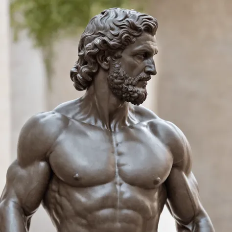 (Professional 3D rendering:1.3) de (Realistic:1.3) Foto de arte mais bonita do mundo，Statue man alone with very beautiful muscle, barba e cabelos grandes, Greek statue style, imagem em escala cinza, in a position of grandeur, mostrando da cintura para cima