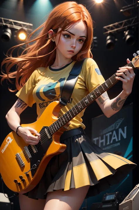 a woman with long auburn colored hair with tattoos wearing a yellow TSHIRT playing a blue solaratype 1452 on the stage in a concert, dramatic lighting, metalhead, metal guitar, strat style guitar, (solaratype1452), solar guitars, cute face, beautiful face,...