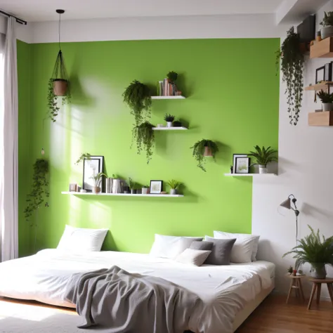 quarto com parede verde, vasos de plantas, materiais de artes