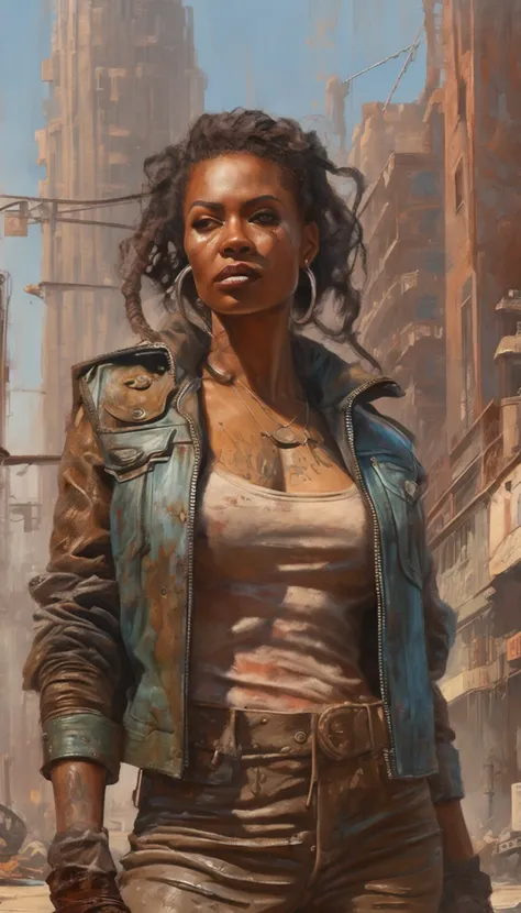 un zoom, full body, cinnannoe, hyper realistic, view angle from the sky, ultra detailed full body shot of woman in dieselpunk solar postapocalyptic City scape, Ultra perfectly detailed rusty car Mad Max tunning style , around road sakura trees, dieselpunk ...