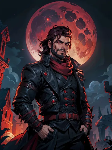 dark night blood moon background, darkest dungeon style, looking at the moon, game portrait, sadurang from marvel, hunk, short m...