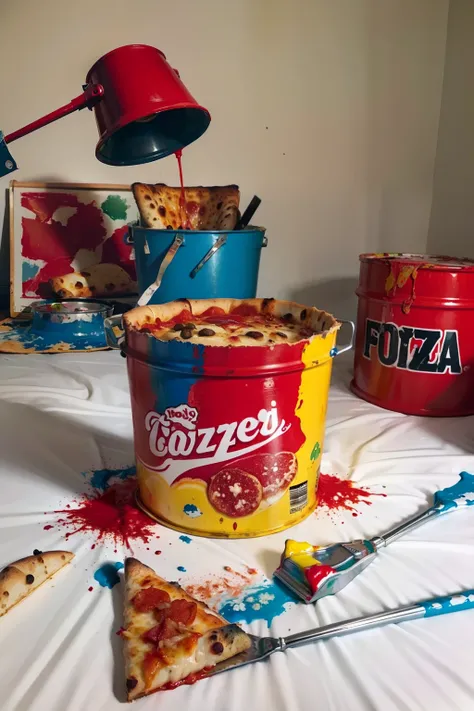 Lots of pizza in bed、(Pizza splattered with colorful paint)、Pizza is stained with paint,a bucket with a lot of paint,,,,、Pizza in a bucket、A lot of cookies on the bed、(Sneakers stained with paint on the bed)