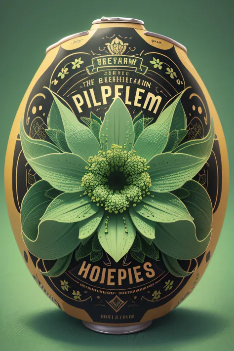 An ultra 4K quality vector-style bottle cap or label for a beer can showcases an elegant, downward-facing green hops flower. The intricate texture of petals and leaves is meticulously rendered, reflecting the true essence of hops. Prominently placed within...