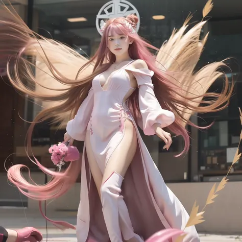 1 girl,two hand,realistic,pink hair,white dress,holding arrows.