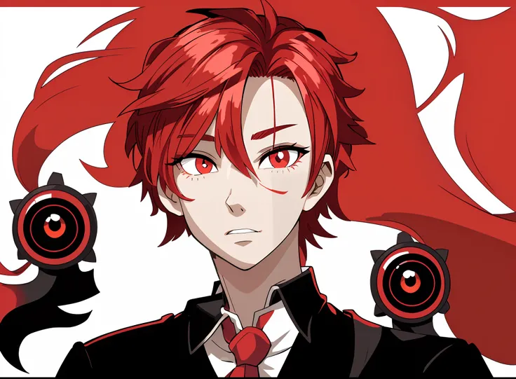 Anime characters with red hair and black eyes wearing a red tie, , ((Red)) baggy eyes, fully red eyes，Black pupils, Red face, Red-faced,, vector shaded anime, anime shading), made with anime painter studio, full size persona, a broad shouldered，2D flat sty...