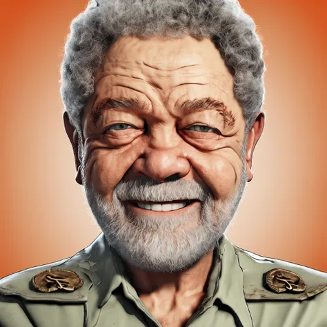 President Lula with extremely realistic expression, Displaying a toxic smile, wearing a classic inmate outfit.