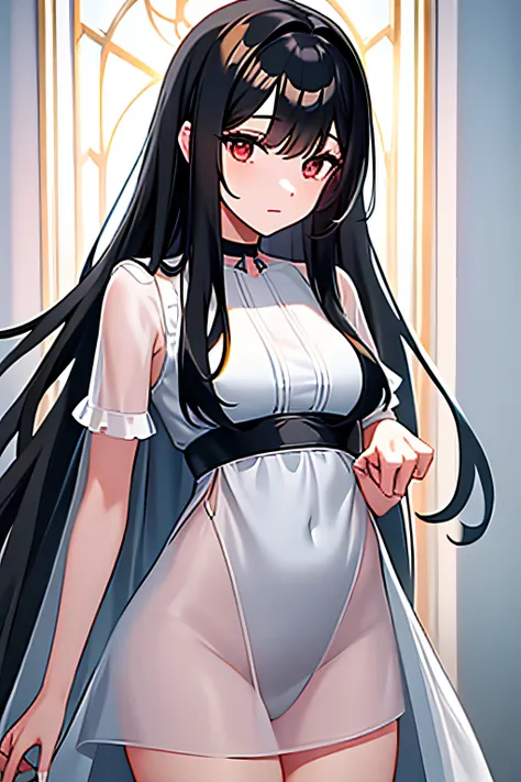 black long straight hair，grown woman，White transparent dress，did not wear underwear