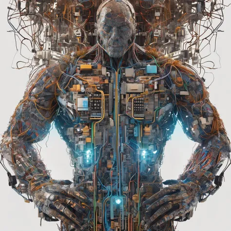 Create an image of a strong and heroic artificial intelligence human hybrid, standing atop a mountain of discarded circuit boards and wires. The image should be rendered in a surreal and dreamlike style, with intricate details and a vibrant color palette. ...