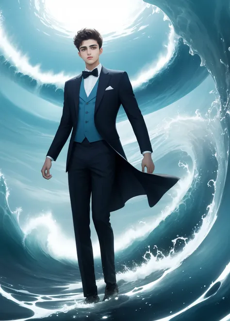 A young man with Arab features and a beautiful body at the age of 18 wearing a suit surrounded by glows full of colors in the form of circles of . A fictional character close to reality, waves, leaves in an old and ancient place, and a flying book